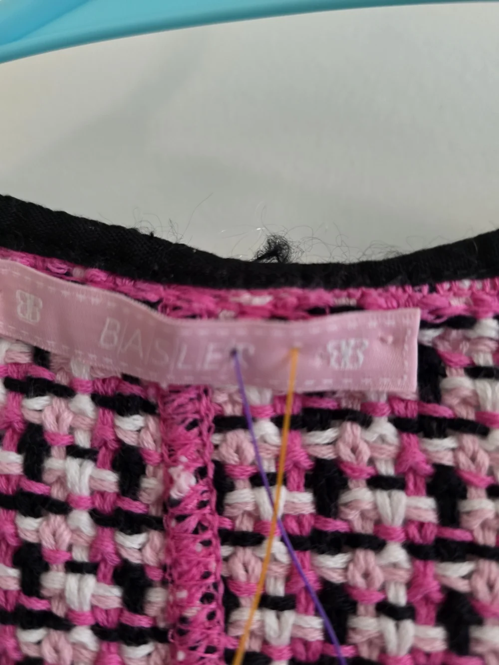 NWT Basler Pink Tweed Fringe-Trim Jacket with Black Piping